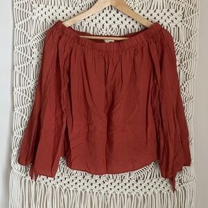 Ganji La,size small, off the shoulder, clay red top blouse,with tied 3/4…